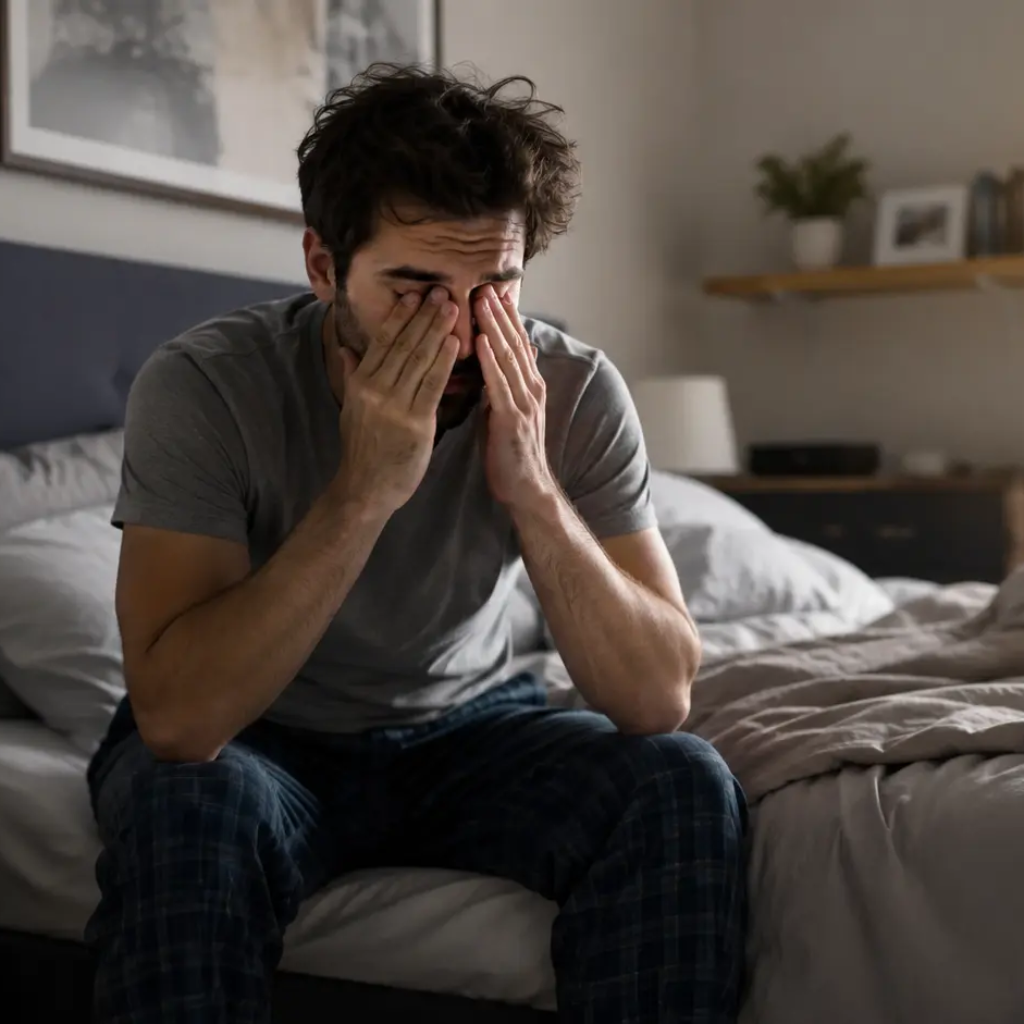 Personne assise sur le bord de son lit au réveil, l'air épuisé et se frottant les yeux, illustrant la fatigue matinale malgré une longue nuit de sommeil.