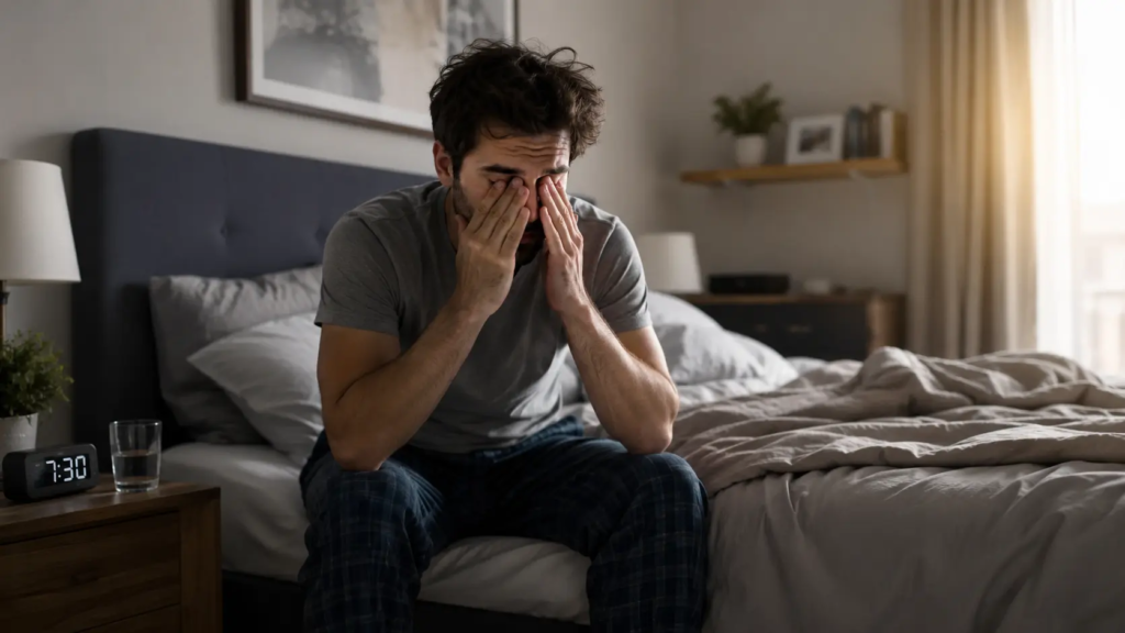 Personne assise sur le bord de son lit au réveil, l'air épuisé et se frottant les yeux, illustrant la fatigue matinale malgré une longue nuit de sommeil.