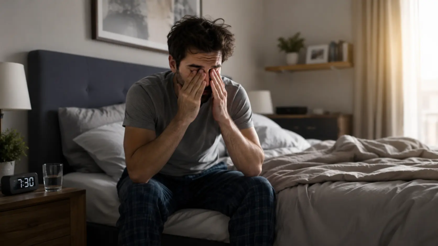 Personne assise sur le bord de son lit au réveil, l'air épuisé et se frottant les yeux, illustrant la fatigue matinale malgré une longue nuit de sommeil.