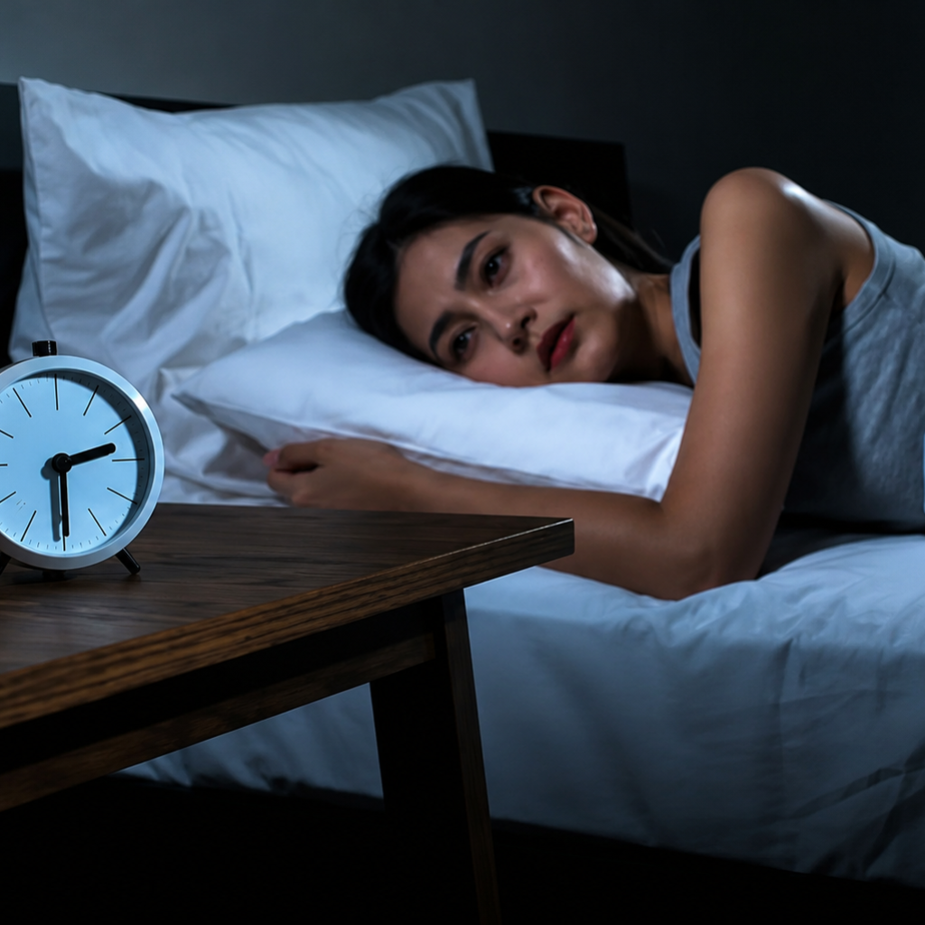 Personne éveillée dans son lit en pleine nuit, regardant son réveil avec frustration, illustrant les conséquences de l'insomnie.
