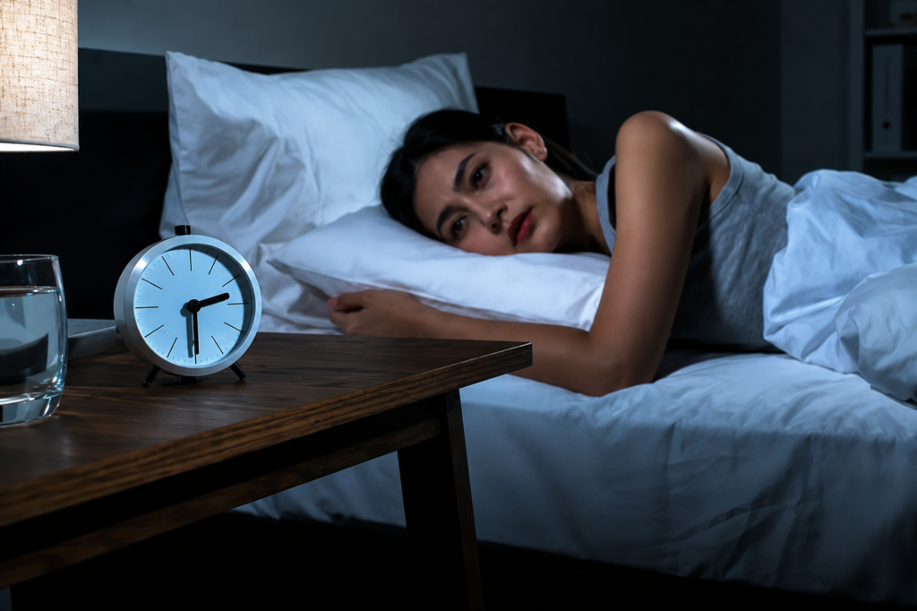 Personne éveillée dans son lit en pleine nuit, regardant son réveil avec frustration, illustrant les conséquences de l'insomnie.