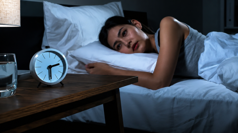 Personne éveillée dans son lit en pleine nuit, regardant son réveil avec frustration, illustrant les conséquences de l'insomnie.