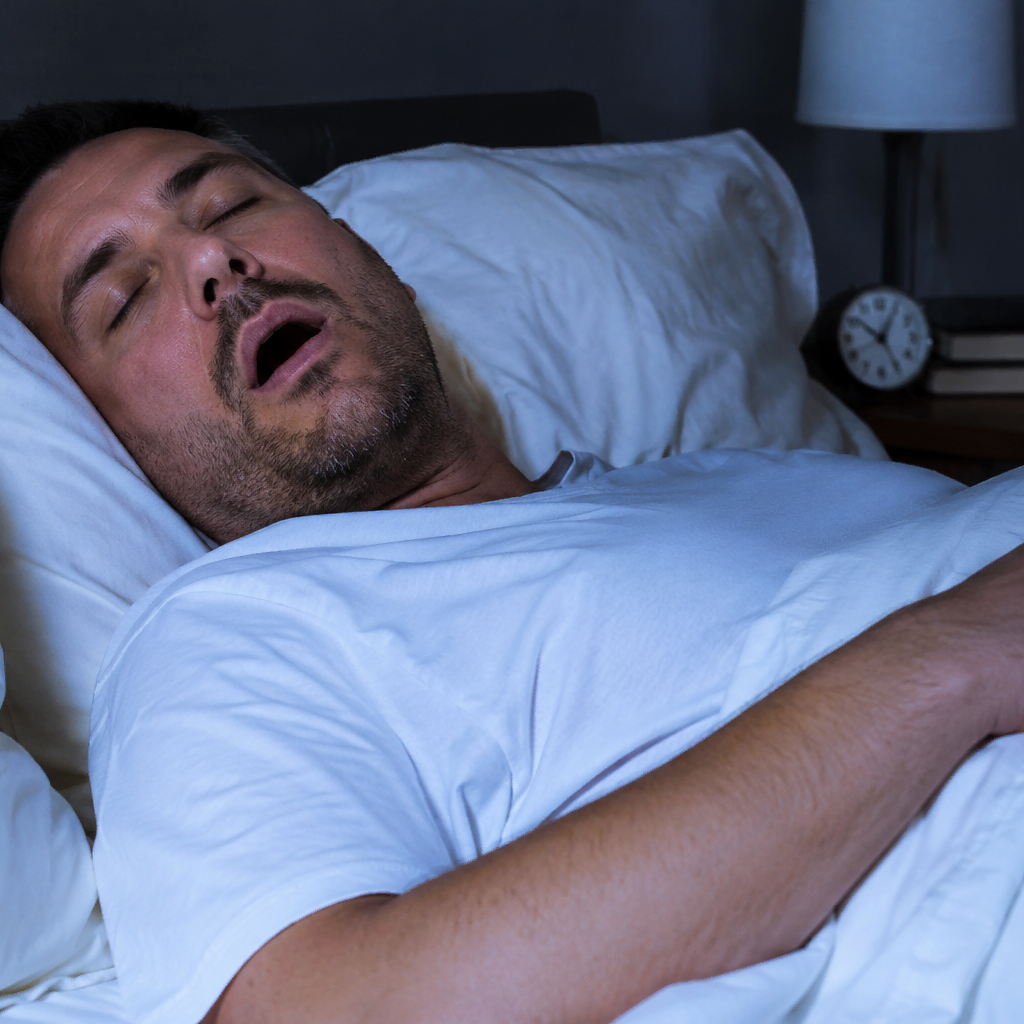 Un homme dormant paisiblement sur le dos, illustrant une nuit sans ronflements.