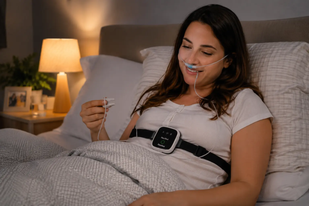 Patiente souriante portant un dispositif léger de polygraphie ventilatoire à domicile, prête à s'endormir pour son examen du sommeil.