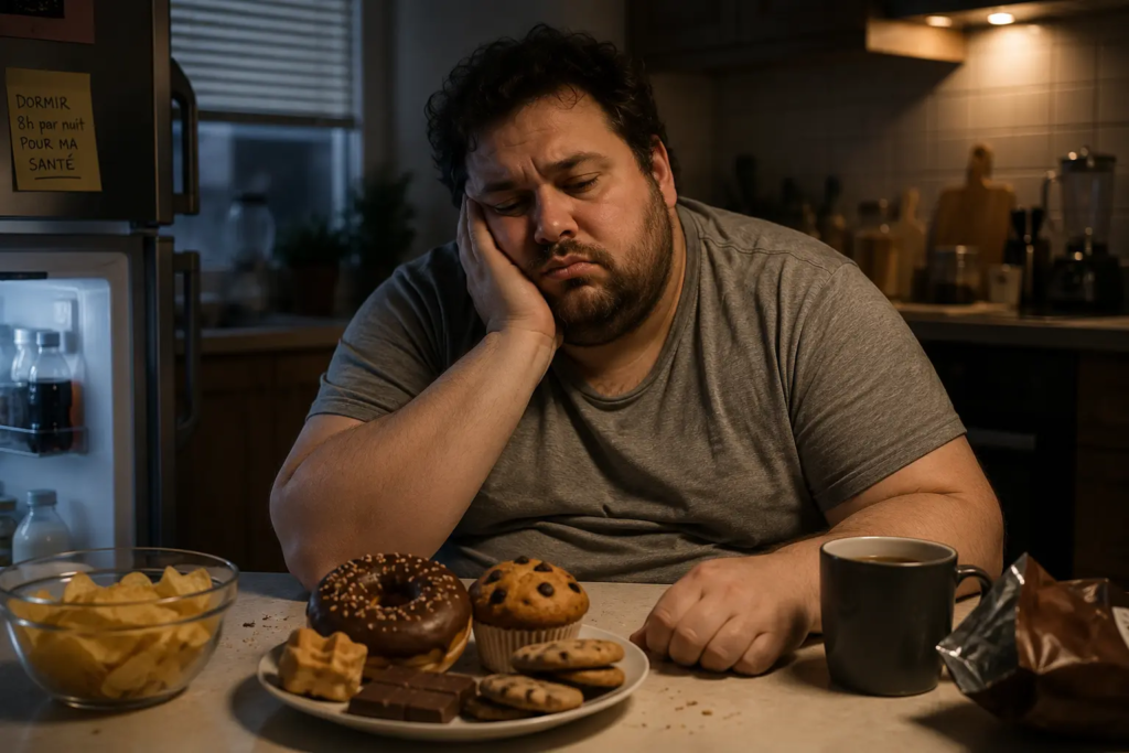 Personne fatiguée assise dans sa cuisine devant une collation sucrée, illustrant le lien entre le manque de sommeil et les envies d'aliments caloriques.