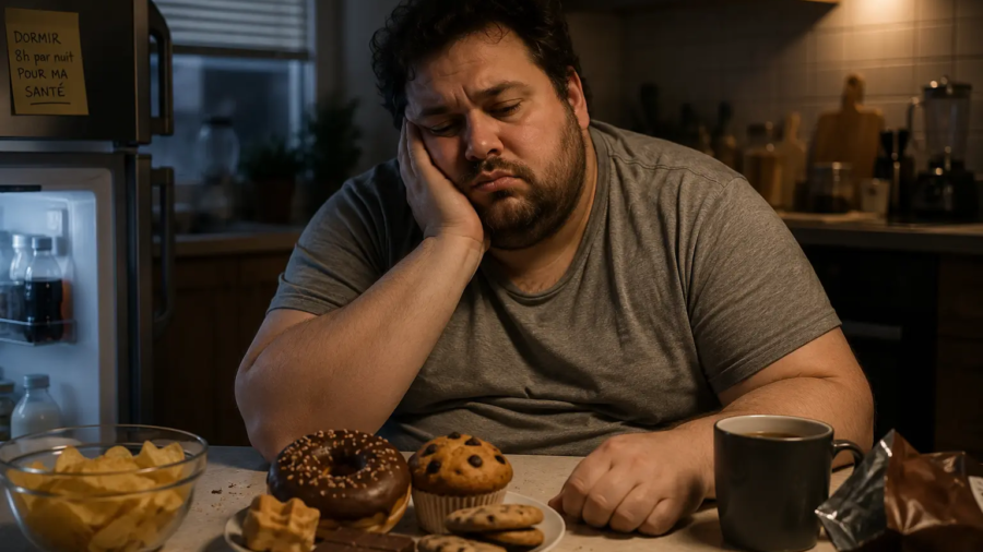 Personne fatiguée assise dans sa cuisine devant une collation sucrée, illustrant le lien entre le manque de sommeil et les envies d'aliments caloriques.