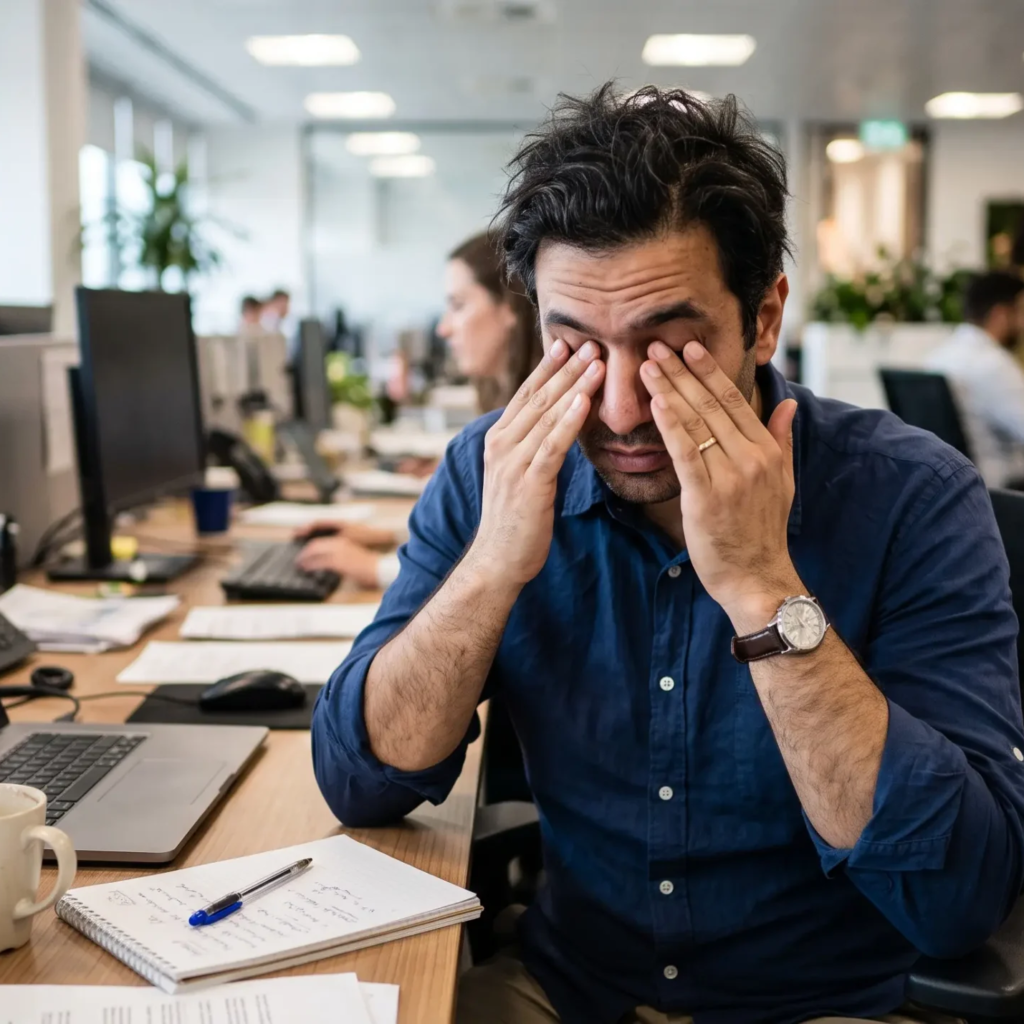 Homme fatigué au bureau se frottant les yeux, illustrant les conséquences directes d'un manque de sommeil chronique sur la concentration.