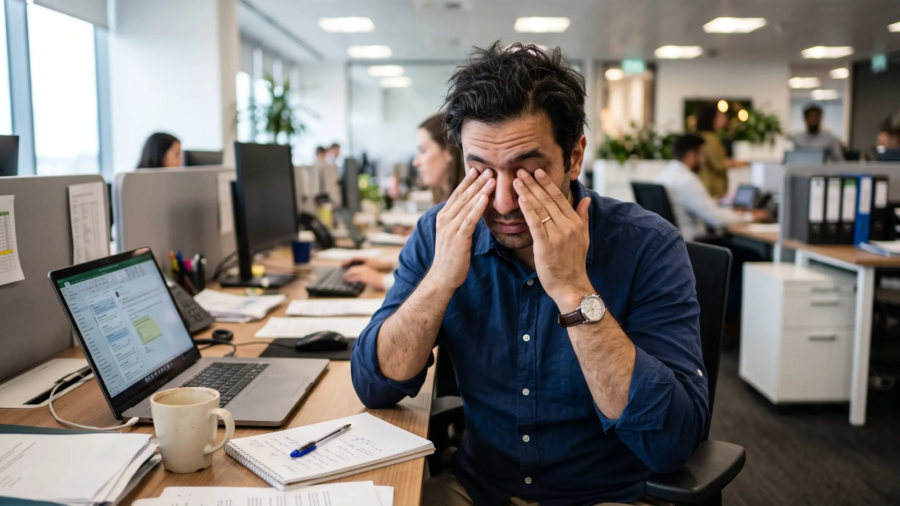 Homme fatigué au bureau se frottant les yeux, illustrant les conséquences directes d'un manque de sommeil chronique sur la concentration.