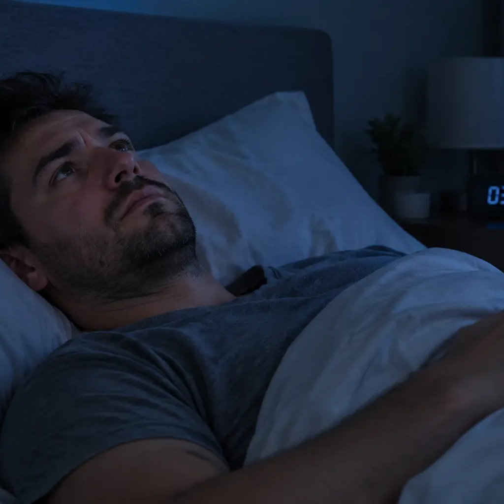 Homme éveillé dans son lit au beau milieu de la nuit, fixant le plafond avec un regard fatigué, illustrant les réveils nocturnes.