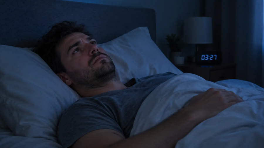 Homme éveillé dans son lit au beau milieu de la nuit, fixant le plafond avec un regard fatigué, illustrant les réveils nocturnes.