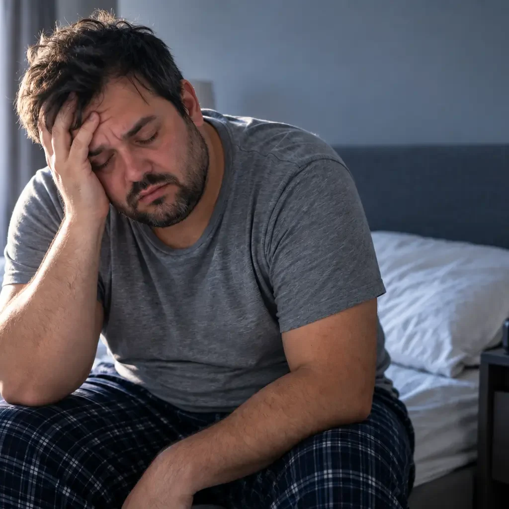 Homme fatigué au réveil tenant sa tête, illustrant les signes de l'apnée du sommeil.