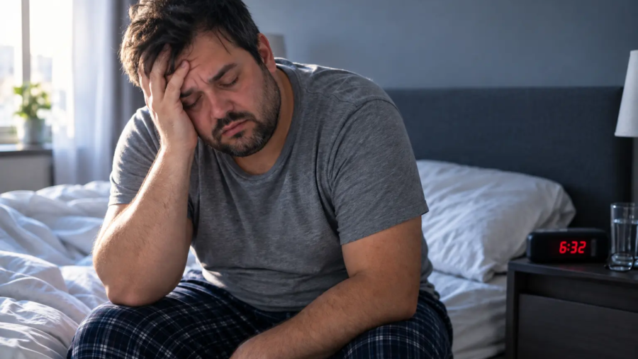 Homme fatigué au réveil tenant sa tête, illustrant les signes de l'apnée du sommeil.