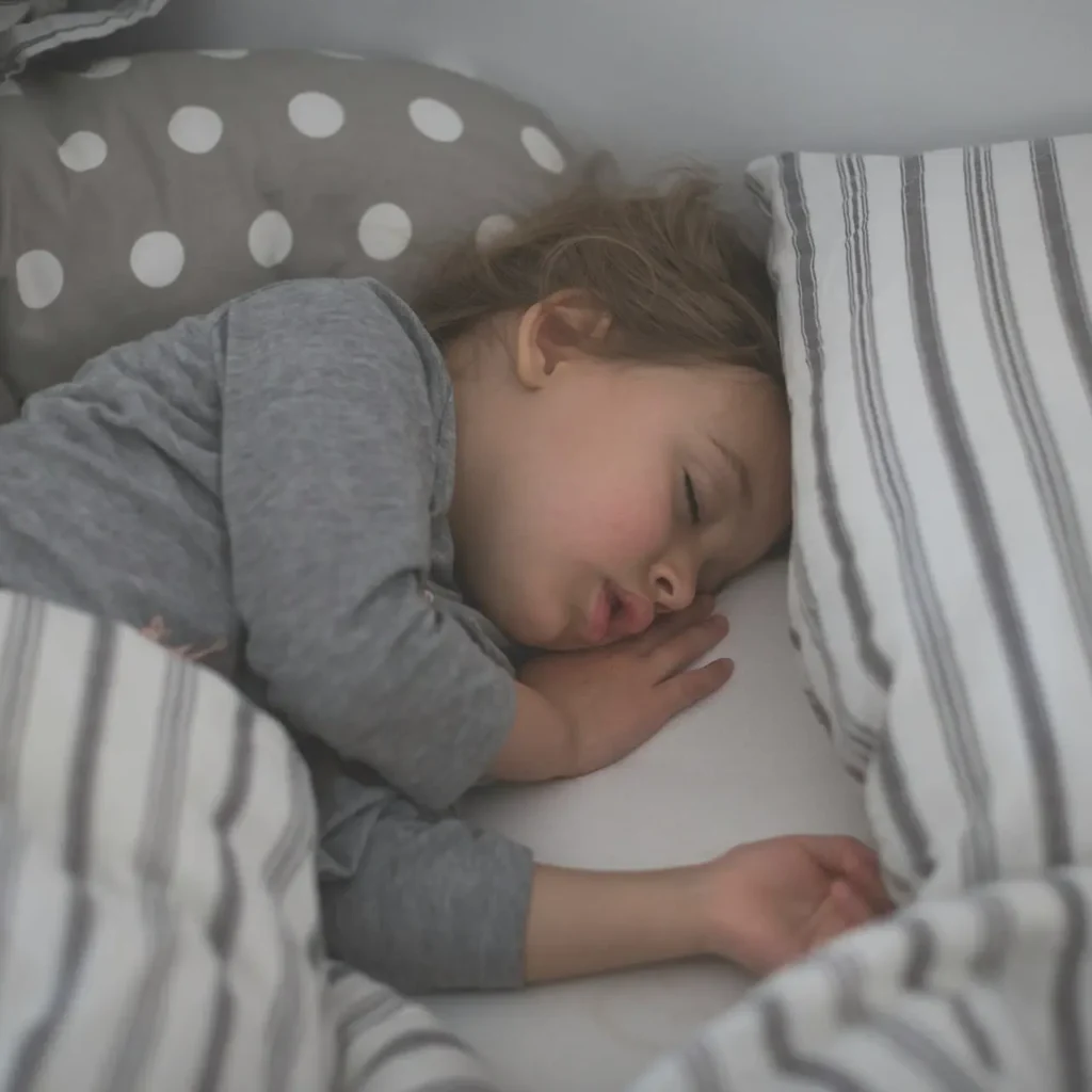 Enfant dormant paisiblement dans son lit après une consultation pour un trouble du sommeil